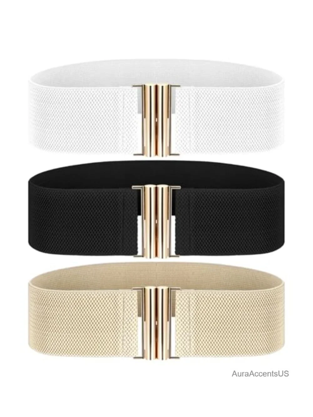 Wide Elastic Stretch Waist Belt with Gold Buckle - 3 Pack